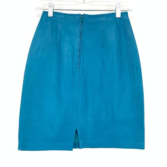 Firenze Santa Barbara Leather Skirt Womens Size 00 Teal Straight Vintage - Picture 2 of 6